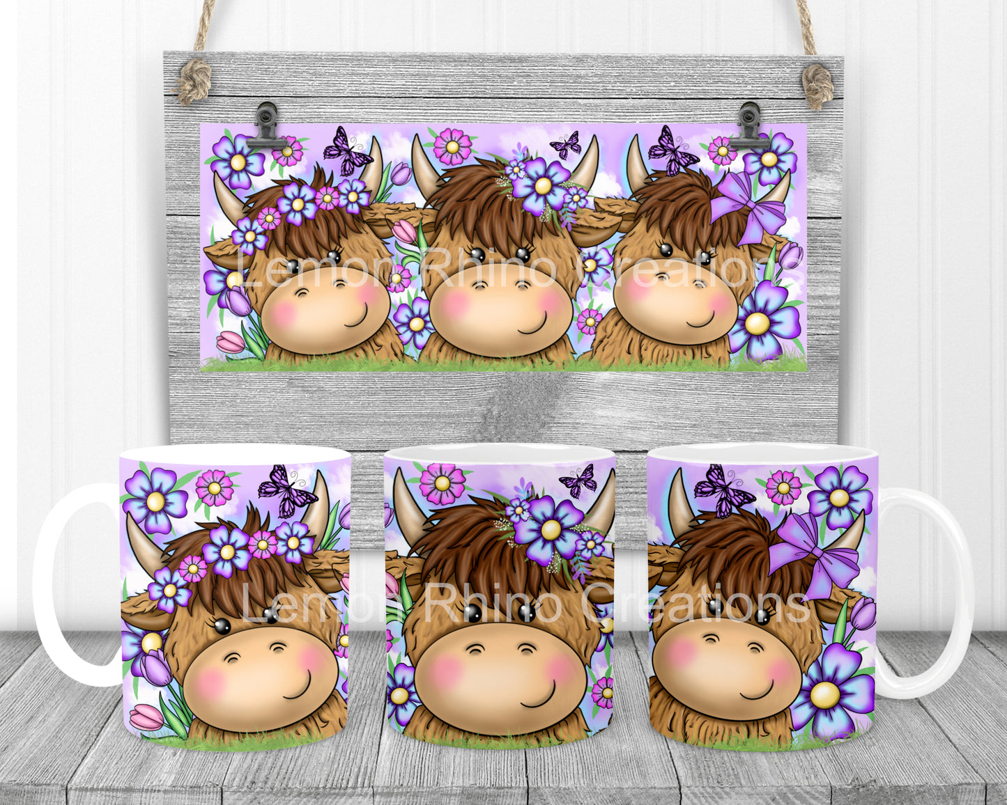 Purple Flower Spring Highland Cow Mug