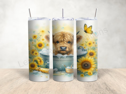 20oz Tumbler - Highland Cow in Tin Bath with Sunflowers